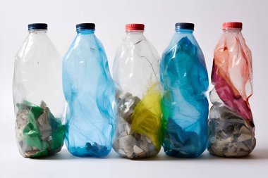 Beyaz arka planda farklı plastik şişeler. Üretilmiş Yapay Zeka