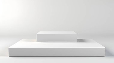 Gerçekçi basamaklar silindir kaidesi kürsüsü olan soyut, beyaz bir oda. Model ürün sergisi için asgari duvar sahnesi. Üretilmiş Yapay Zeka