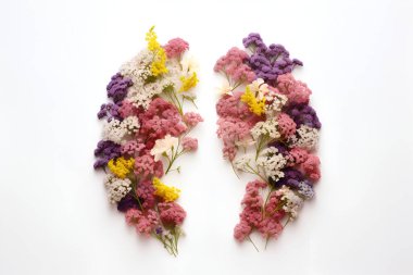 Beyaz arkaplanda çiçeklerden ve doğadan yapılan akciğerler yapay zeka oluşturur.