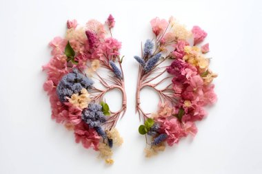 Beyaz arkaplanda çiçeklerden ve doğadan yapılan akciğerler yapay zeka oluşturur.