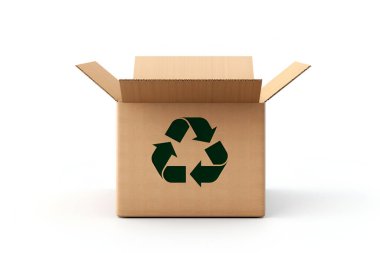 Beyaz arkaplanda geri dönüşüm logosu olan boş karton kutu oluşturulmuş yapay zeka