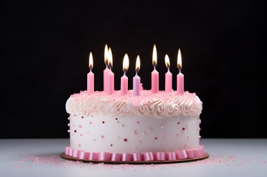 Pembe Arkaplanda Mumlu Mavi Doğum Günü Pastası. Üretilmiş Yapay Zeka