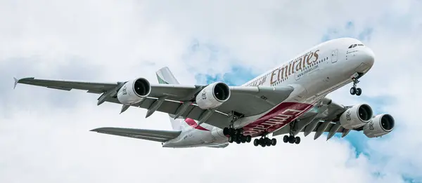 stock image Emirates Airlines Airbus A380 approaching Heathrow Airport. London, United Kingdom, July 6, 2024. High quality photo