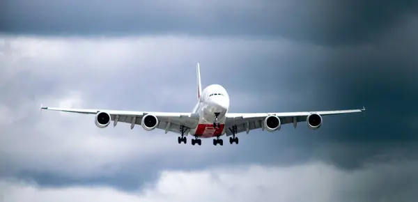 stock image Emirates Airlines Airbus A380 approaching Heathrow Airport. London, United Kingdom, July 6, 2024. High quality photo