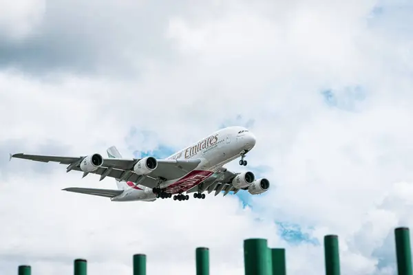 stock image Emirates Airlines Airbus A380 approaching Heathrow Airport. London, United Kingdom, July 6, 2024. High quality photo