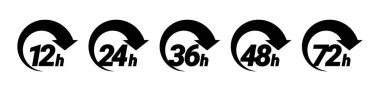 12, 24, 48, 36 ve 72 saat sipariş yürütme veya teslim hizmeti simgeleri. Vektör çizimi