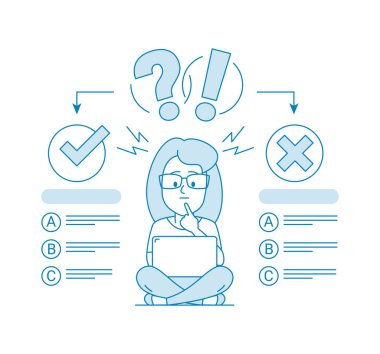 The concept of choosing the right answer. Character - a woman with a glasses using a computer passes the test. Exam. Evaluation Testing. Illustration in line art style. Vector clipart