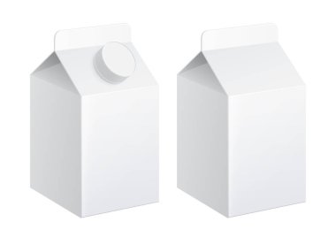 Gerçekçi karton süt paketi 500 ml. Şapkalı ve şapkasız versiyonu. Vektör illüstrasyonu.