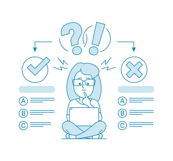 stock vector The concept of choosing the right answer. Character - a woman with a glasses using a computer passes the test. Exam. Evaluation Testing. Illustration in line art style. Vector