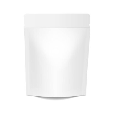 Beyaz gerçekçi polietilen çanta. Paket, yiyecek ve diğer ürünler için paketleme. Marka şablonu için hazırlan. vektör illüstrasyonu.