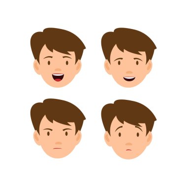 Yüz simgeleri. Farklı duyguları olan erkek karakter. Erkeklerin yüzleri neşeyi, üzüntüyü, gülümsemeyi, hoşnutsuzluğu ve sıkıntıyı ifade eder. Sosyal ağlar, uygulamalar ve internet için Avatar. Vektör illüstrasyonu
