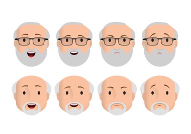 Yüz simgeleri. Farklı duyguları olan yaşlı bir adam. Erkeklerin yüzleri neşeyi, üzüntüyü, gülümsemeyi, hoşnutsuzluğu ve sıkıntıyı ifade eder. Sosyal ağlar, uygulamalar ve internet için Avatar. Vektör illüstrasyonu