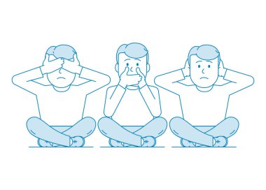 Üç bilge maymun. Bir adam elleriyle ağzını kapatır, diğeri kulaklarını kapatır, üçüncü göz. Karakter - genç bir adam. Mavi renkli illüstrasyon. Satır sanatında vektör