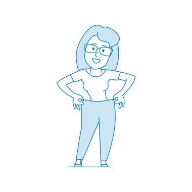 Öncesinde ve sonrasında kilo vermenin bir göstergesi. Mavi renklerle resmedilmiş. Spor giyimli kız. Obezite süreci. Diyet ya da egzersizle kilo vermek. Obez insanlarda obezite sorunları. Resim çizimi. Vektör