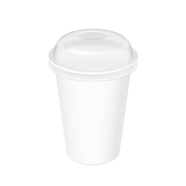 Gerçekçi tek kullanımlık plastik bardakla Lid. Çeşitli içecekler, limonata, taze kahve ya da dondurma için. Marka şablonu için hazırlan. vektör illüstrasyonu.