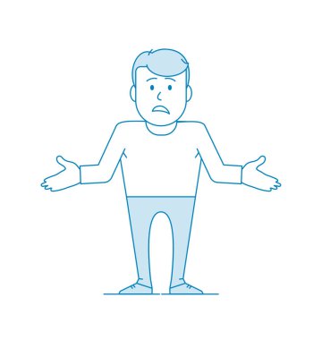 Karakter, huysuz bir adamın omuz silkip ellerini karmaşa içinde açmasıdır. Yardım edemem, ya da hiçbir şey yapamam. Çizgi sanatı tarzında illüstrasyon. Mavi renkte vektör illüstrasyonu.