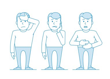 Bir adam acıdan acı çekiyor. Baş ağrısı, diş ağrısı ve karın ağrısı. Karakter - bir adam. Çizgi sanatı tarzında illüstrasyon. Mavi renkli vektör.