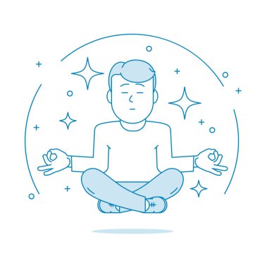 Adam yerde bacakları çapraz oturarak meditasyon yapıyor. Karakter - bir adam. Sakinlik, rahatlama, rahatlama. Stres atmak. Çizgi sanatı tarzında illüstrasyon. Vektör