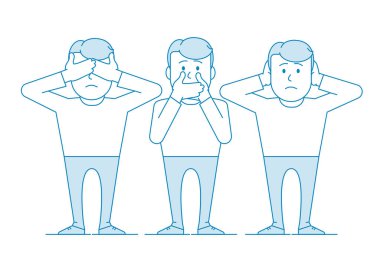 Üç bilge maymun. Bir adam elleriyle ağzını kapatır, diğeri kulaklarını kapatır, üçüncü göz. Karakter - genç bir adam. Mavi renkli illüstrasyon. Satır sanatında vektör