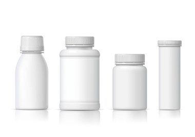 Serin gerçekçi beyaz plastik şişe küme. Ürün Ambalaj tıp. Çeşitli sıvıları vektör çizim