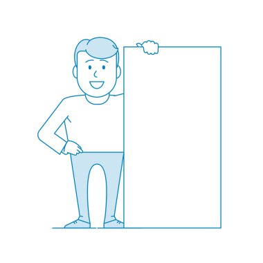 Mutlu adam pankart gösteriyor. Reklam için tasarlandı. Karakter - gözlüklü ve sakallı bir adam. Gömlekli, kravatlı bir ofis çalışanı. Çizgi sanatı tarzında illüstrasyon. Vektör