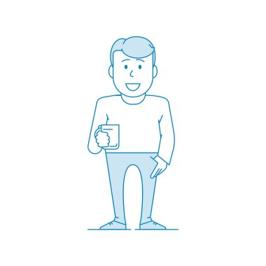 Karakter, mutlu adam çay içer. Kravatlı bir memur ya da ofis çalışanı elinde bardak tutuyor. Çizgi sanatı tarzında illüstrasyon. Vektör