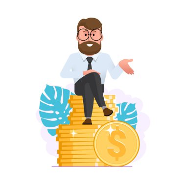 Bir mali danışman ya da yatırımcı bir yığın madeni paranın yanında duruyor. Başarılı bir iş adamı ya da modern bir girişimci. Servisler Finansal Danışmanlık ve Tasarruf. Düz bir şekilde resmetmek. Vektör