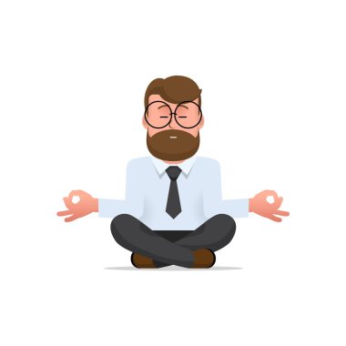 Bir adam dizüstü bilgisayarla yerde otururken meditasyon yapıyor. Karakter - sakallı ve gözlüklü bir adam. Sakinlik, rahatlama, rahatlama. Stres atmak. Düz bir tasvir. Vektör