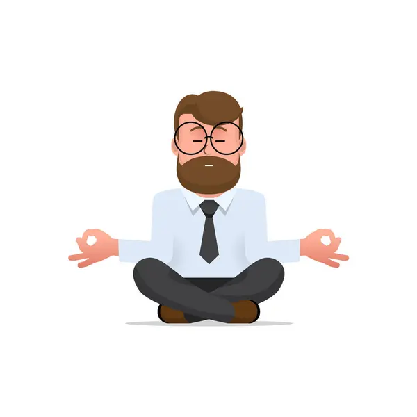 男はノートパソコンで床に座って瞑想している キャラクター ひげと眼鏡を持った男 落ち着きとリラックス リラックス ストレス解消 フラットスタイルのイラスト ベクター ロイヤリティフリーストックベクター