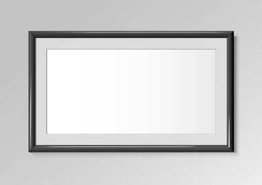 Gerçekçi siyah yatay çerçeve. Duvarda 2 'ye 1 oranında afiş olan bir resim için. Mockup için çerçeve tasarım şablonu. Vektör illüstrasyonu