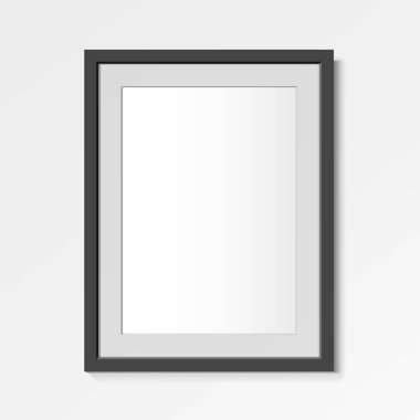 Gerçekçi siyah yatay çerçeve. Görüntü için A4. Duvarda posterler var. Mockup için çerçeve tasarım şablonu. Vektör illüstrasyonu