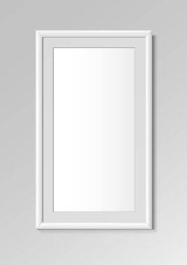 Gerçekçi beyaz dikey çerçeve. Duvarda 2 'ye 1 oranında afiş olan bir resim için. Mockup için çerçeve tasarım şablonu. Vektör illüstrasyonu
