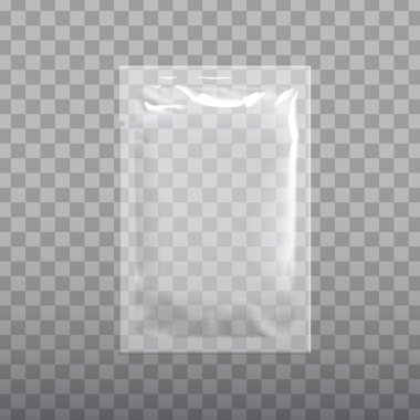 Gerçekçi şeffaf boş şablon ambalaj folyosu ıslak mendil kese ilacı. Yiyecek paketleme kahvesi, tuz, şeker, biber, baharat, şeker. Tasarımının Şablonu. vektör illüstrasyonu.