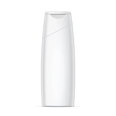 Beyaz plastik şampuan şişesi ile kaldırılarak açılan kapak. Mockup tasarım şablonu. Vektör çizim.