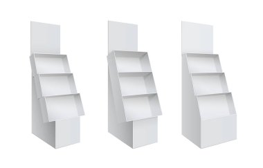Raflarla Beyaz Boş Ekranlar. Perakende satış standı beyaz arka planda izole edildi. Tasarımın için bir şablon. Vektör illüstrasyonu.
