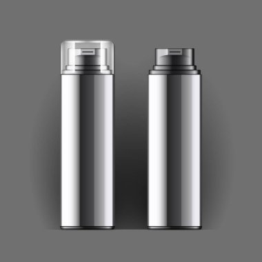 Gerçekçi parlak siyah kozmetik şişe sprey kutusu. Siyah bir arka planda nesne. Diğer kozmetikler için kapaklı ve kapaksız dağıtıcı. Model için Şablon. vektör illüstrasyonu.