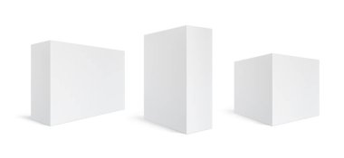 İki Gerçekçi Beyaz Paket Kutusu. Dikdörtgen ve küp şeklinde. Yazılım, elektronik cihaz ve diğer ürünler için paket kutusu. Mockup Vektör illüstrasyonu.