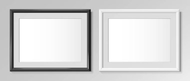 İki gerçekçi yatay çerçeve, siyah ve beyaz renkler. Görüntü için A4. Duvardaki posterler, Mockup. Mockup için çerçeve tasarım şablonu. Vektör illüstrasyonu