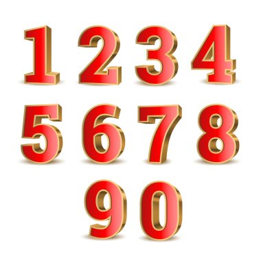 Altın çizgili 3 boyutlu kırmızı sayılar. Sembol seti. Vektör illüstrasyonu