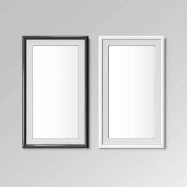 Gerçekçi dikey çerçeveler beyaz ve siyah renkler. Duvarda 2 'ye 1 oranında afiş olan bir resim için. Mockup için çerçeve tasarım şablonu. Vektör illüstrasyonu