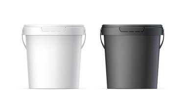 Kapaklı beyaz ve siyah plastik kovalar. Yiyecek, yiyecek, boya, yapıştırıcı, kalıntı, macun için ürün ambalajı. Tasarımın için bir şablon. Vektör illüstrasyonu.