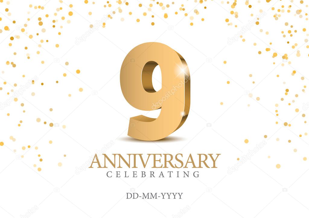 Anniversary 9. gold 3d numbers. Poster template for Celebrating 9th anniversary event party. Vector illustration