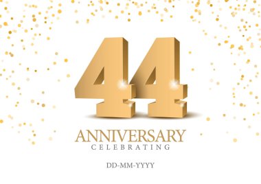 Yıldönümü 44. altın 3D numaraları. 44. yıl dönümü partisi için poster şablonu. Vektör illüstrasyonu