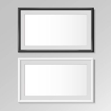 Gerçekçi yatay çerçeveler beyaz ve siyah renkler. Duvarda 2 'ye 1 oranında afiş olan bir resim için. Mockup için çerçeve tasarım şablonu. Vektör illüstrasyonu