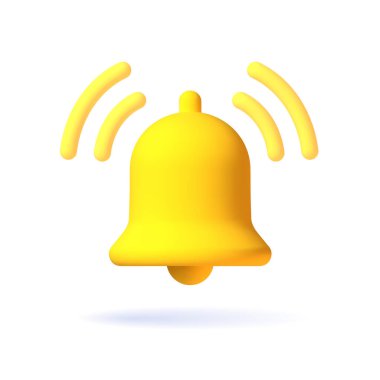 Gerçekçi 3 boyutlu uyarı sarı çan simgesi. 3D vektör çan çalma uyarısı ile birlikte. Vektör illüstrasyonu