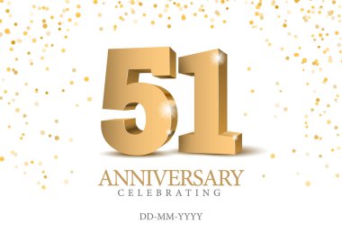 51. yıl dönümü altın 3D numaraları. 51. yıl dönümü partisinin poster şablonu. Vektör illüstrasyonu