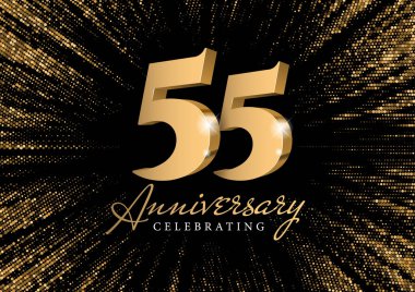 Yıldönümü 55. altın 3D numaraları. Merkezden siyah bir zemin üzerinde parıldayan şık bir altın parıltısının arka planına karşı. 55. yıl dönümü partisi için poster şablonu. Vektör