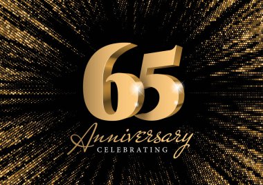 Yıldönümü 65. altın 3D numaraları. Merkezden siyah bir zemin üzerinde parıldayan şık bir altın parıltısının arka planına karşı. 65. yıl dönümü partisinin poster şablonu. Vektör
