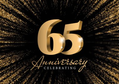 Yıldönümü 65. altın 3D numaraları. Merkezden siyah bir zemin üzerinde parıldayan şık bir altın parıltısının arka planına karşı. 65. yıl dönümü partisinin poster şablonu. Vektör