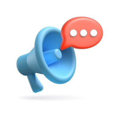 Gerçekçi 3D megafon ikonu. 3d vektör hoparlörü mavi renkte. Geribildirim, sohbet ya da yorum sembolü. Vektör illüstrasyonu